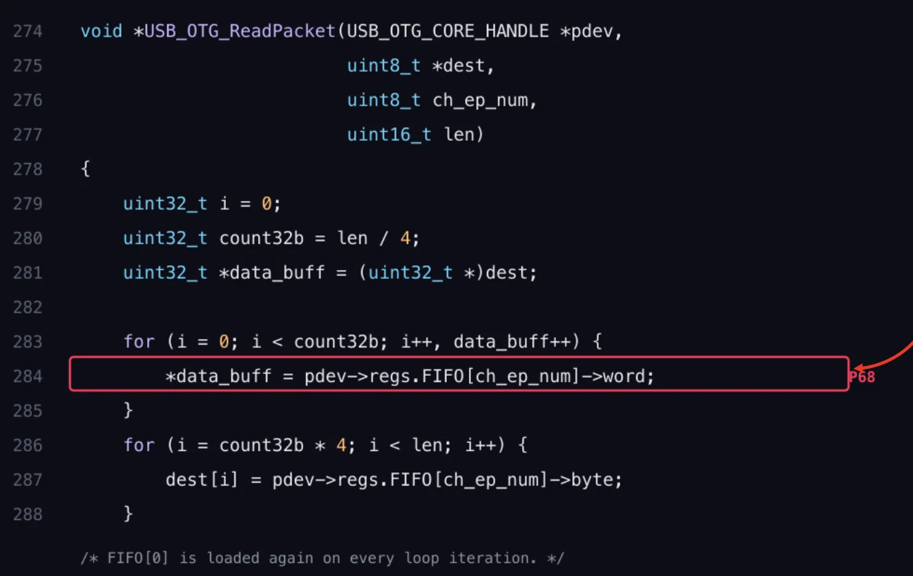 Location where out-of-bounds write leads to device crash