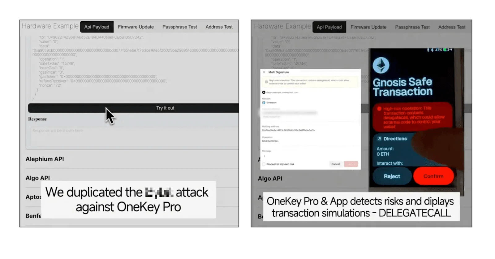 OneKey Pro 检测高风险合约调用，并以清晰的交易警告提醒用户。