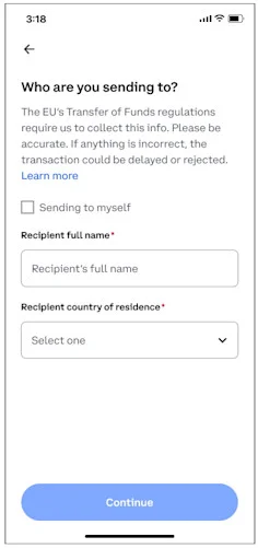Coinbase EU page requires confirming the recipient’s name and country of residence
