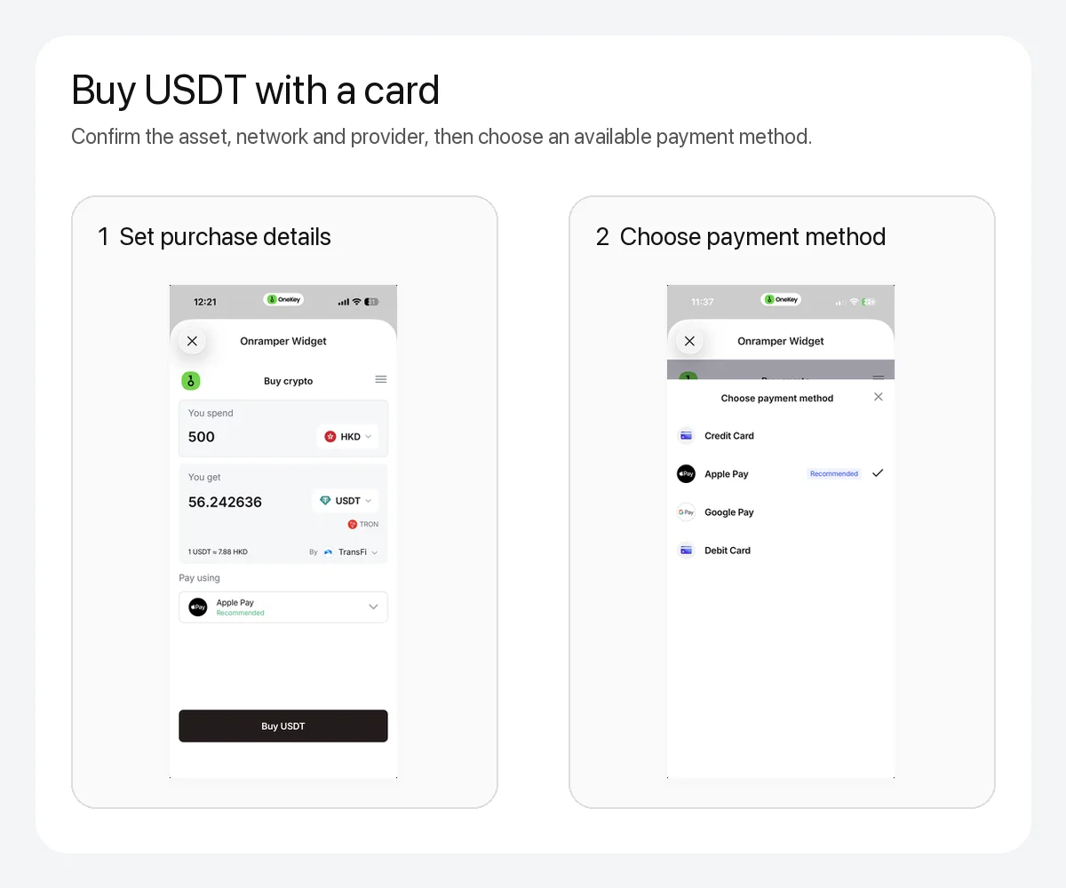 Purchase settings and payment methods on a OneKey third-party on-ramp page