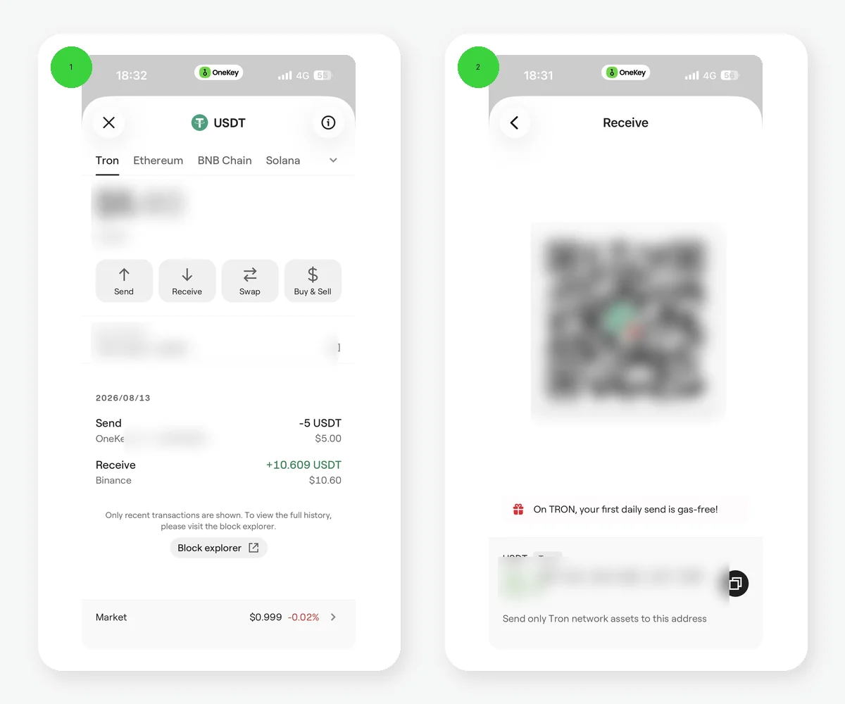 OneKey English TRON USDT recipient address and network pages