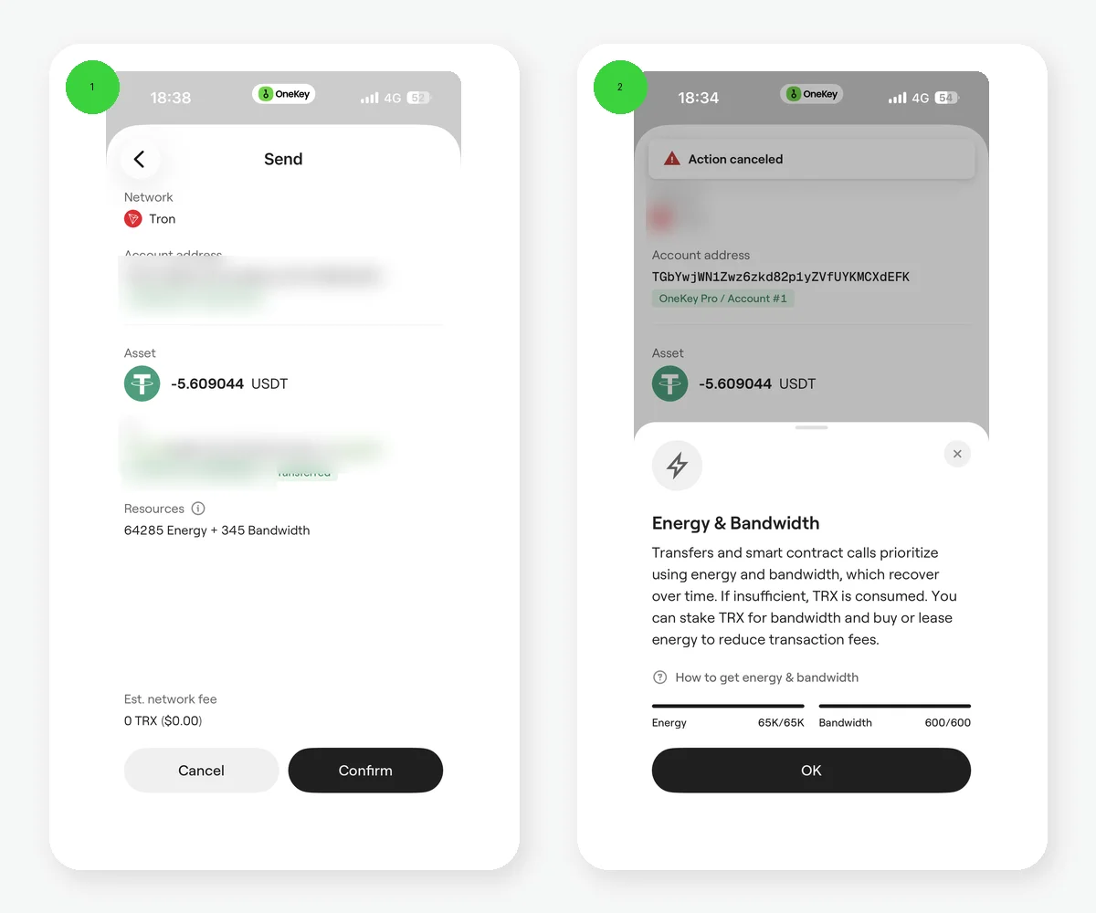 OneKey English TRON send confirmation and Energy/Bandwidth resource pages