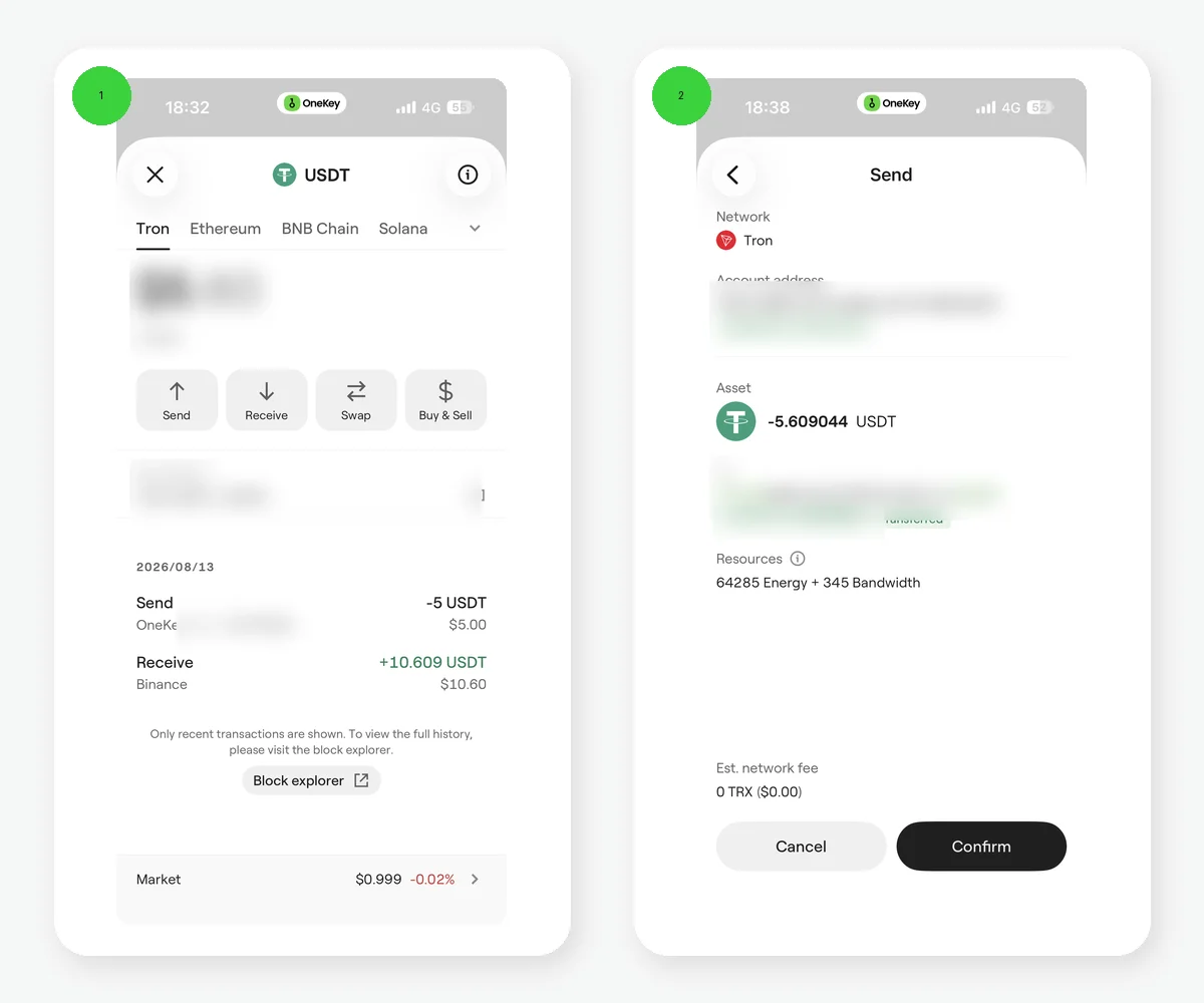 OneKey TRC20 USDT energy rental and discounted-send confirmation page