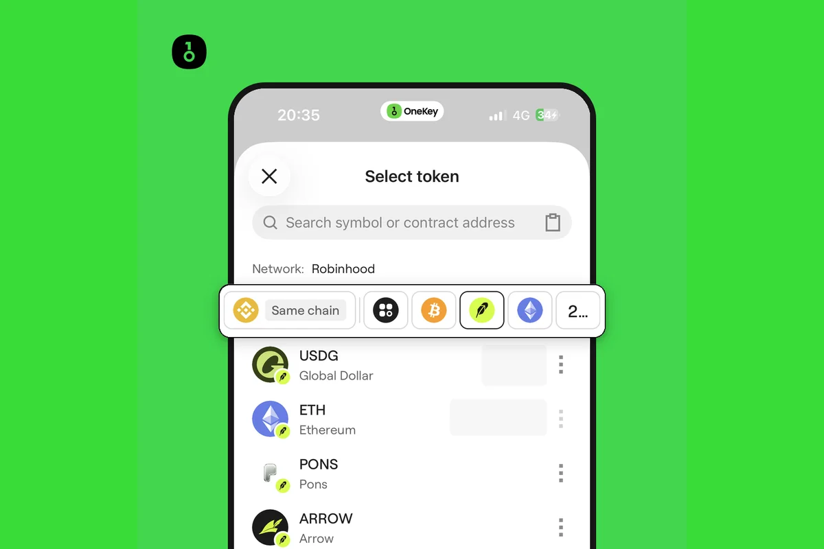 Figure 5 | In OneKey, after entering Trade and switching the network to Robinhood, you can continue setting the trading pair from the token selection list (wallet balance masked)