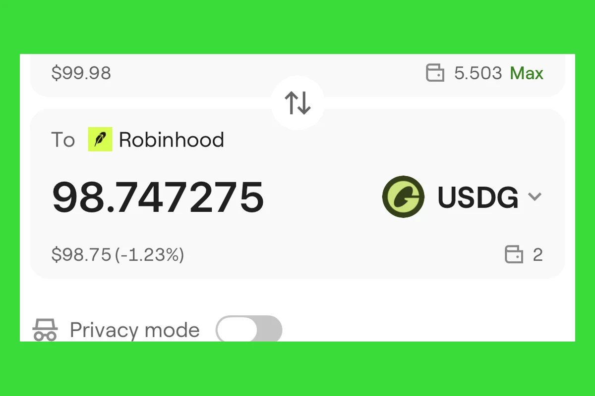 Figure 8 | Switch the target network to Robinhood, then select USDG and other currently supported assets (balance masked)
