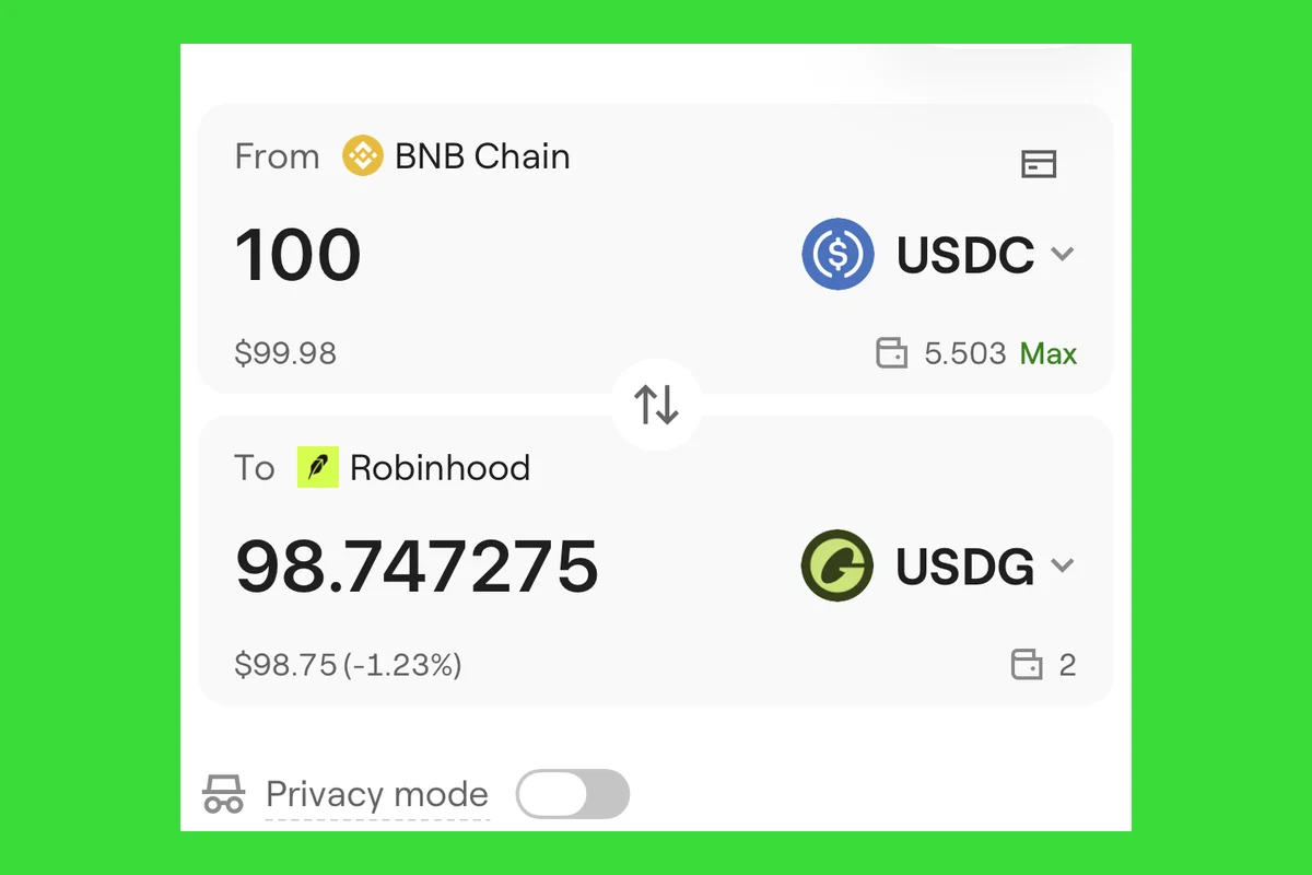 Figure 9 | USDC on BNB Chain -> USDG on Robinhood Chain (wallet balance masked)