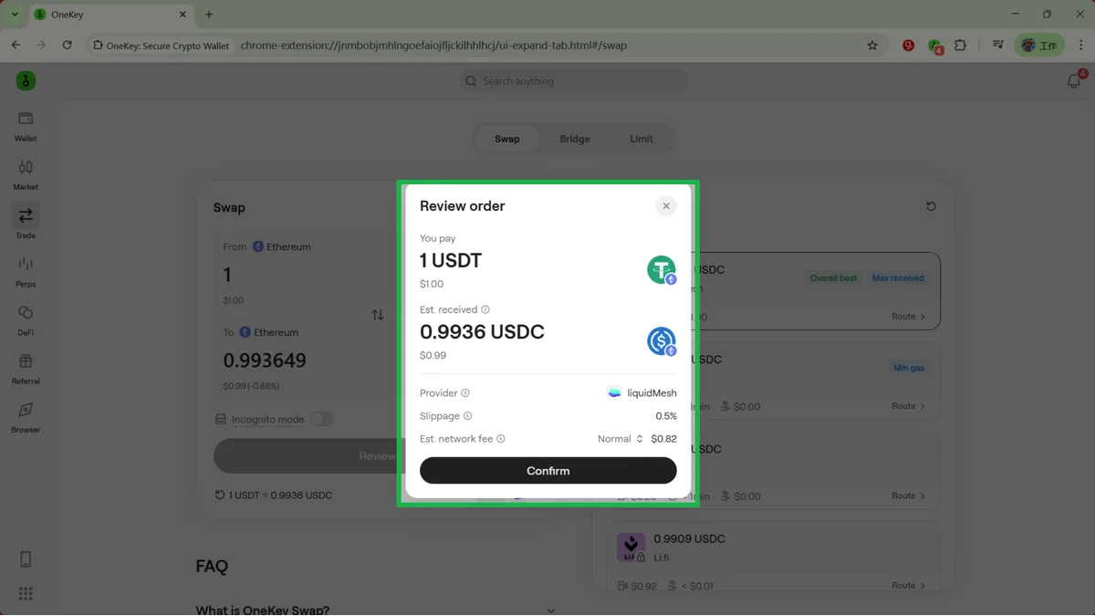 Figure 10 | "Preview Order" before signing: verify the payment and estimated received amounts, provider, slippage, and estimated network fee (wallet balance masked)