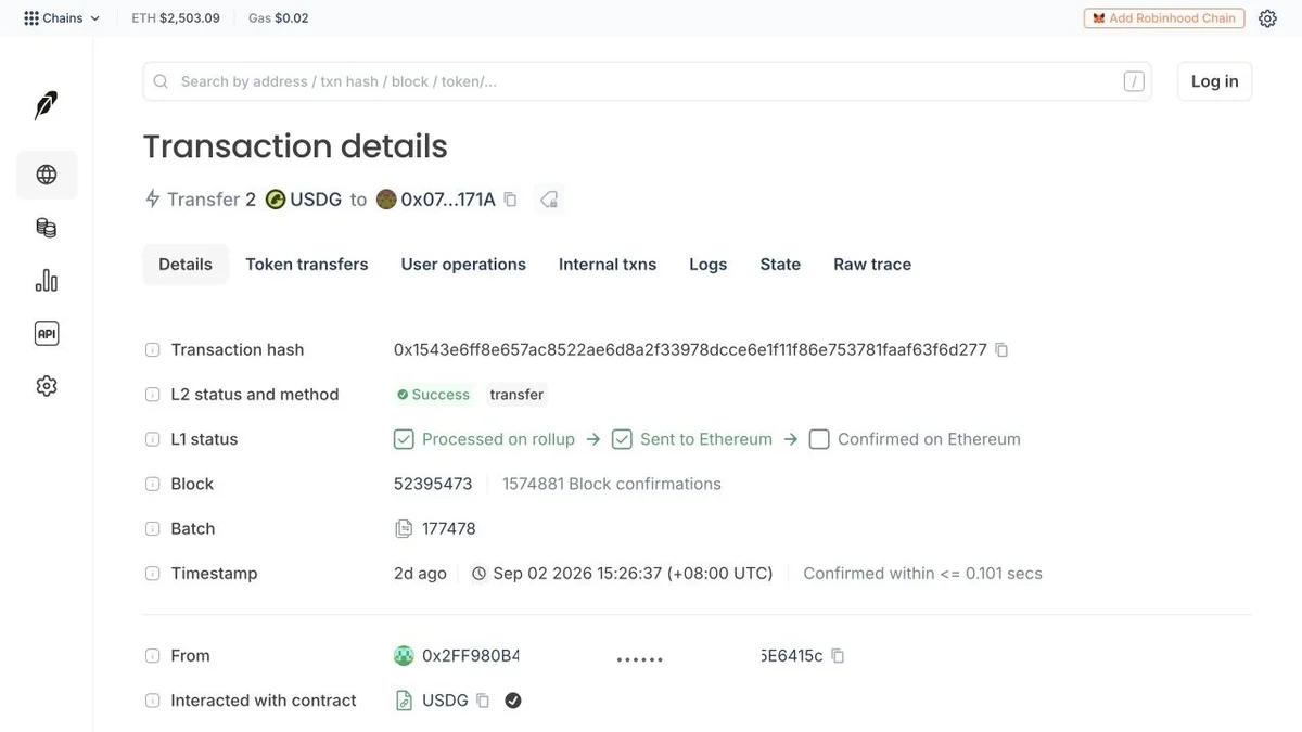 Figure 11 | Robinhood Chain block explorer shows a successful 2 USDG transfer; block 52,395,473, time 2026-09-02 15:26:37 (UTC+8; middle of sending address masked)