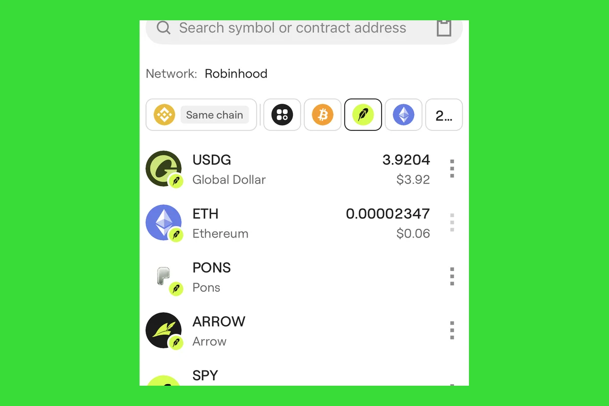 Figure 13 | In OneKey's English token list for Robinhood Chain, PONS appears alongside USDG, ETH, ARROW, and other assets (balances masked)