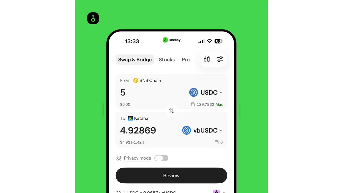 1단계: OneKey App에서 BNB Chain USDC를 Katana의 vbUSDC로 스왑 또는 브리지.