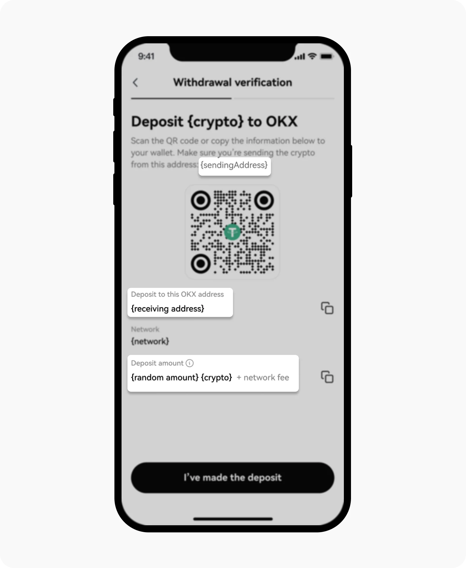 Address, network, and amount on the OKX Satoshi test details page
