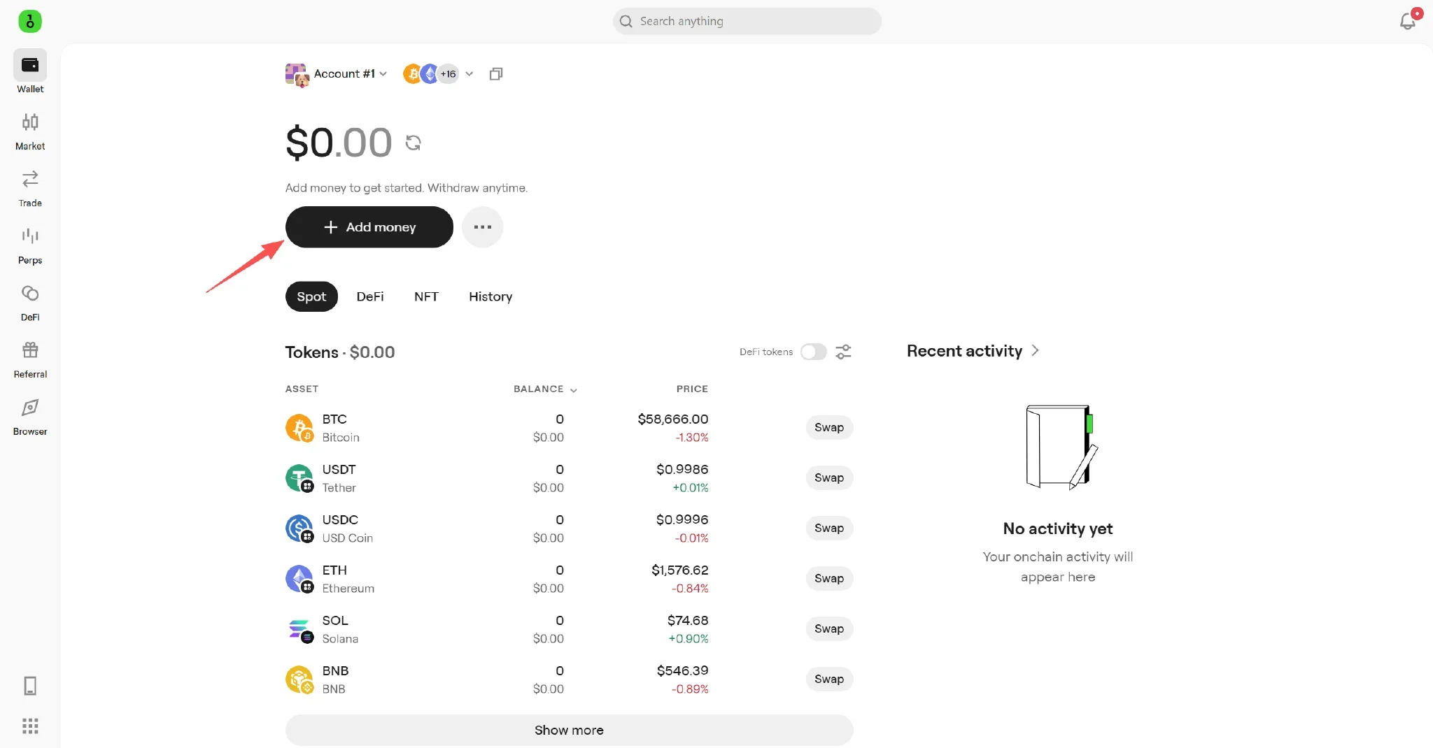 Receive entry on the OneKey Wallet home page