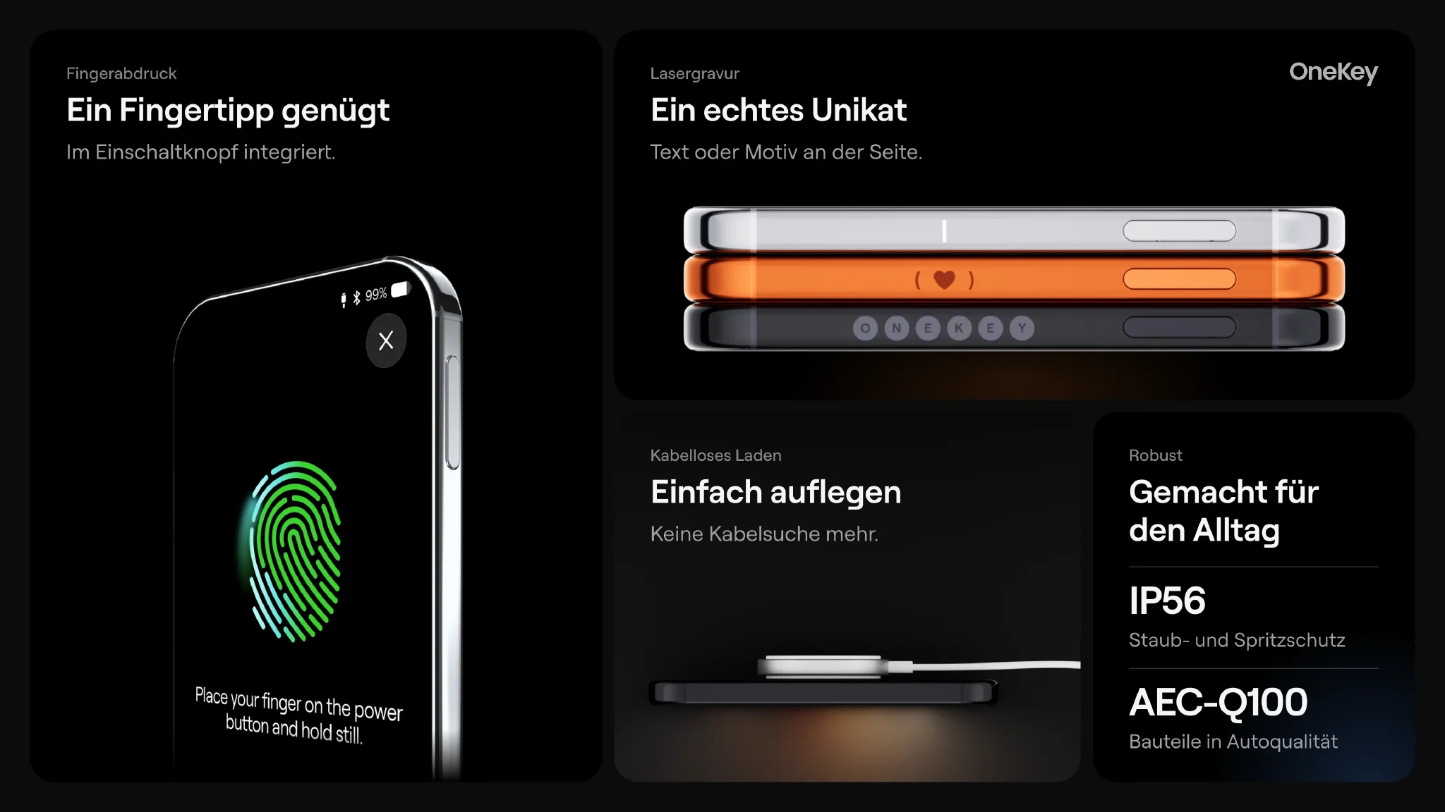 Fingerabdruck-Entsperrung, kabelloses Laden, IP56 und Lasergravur