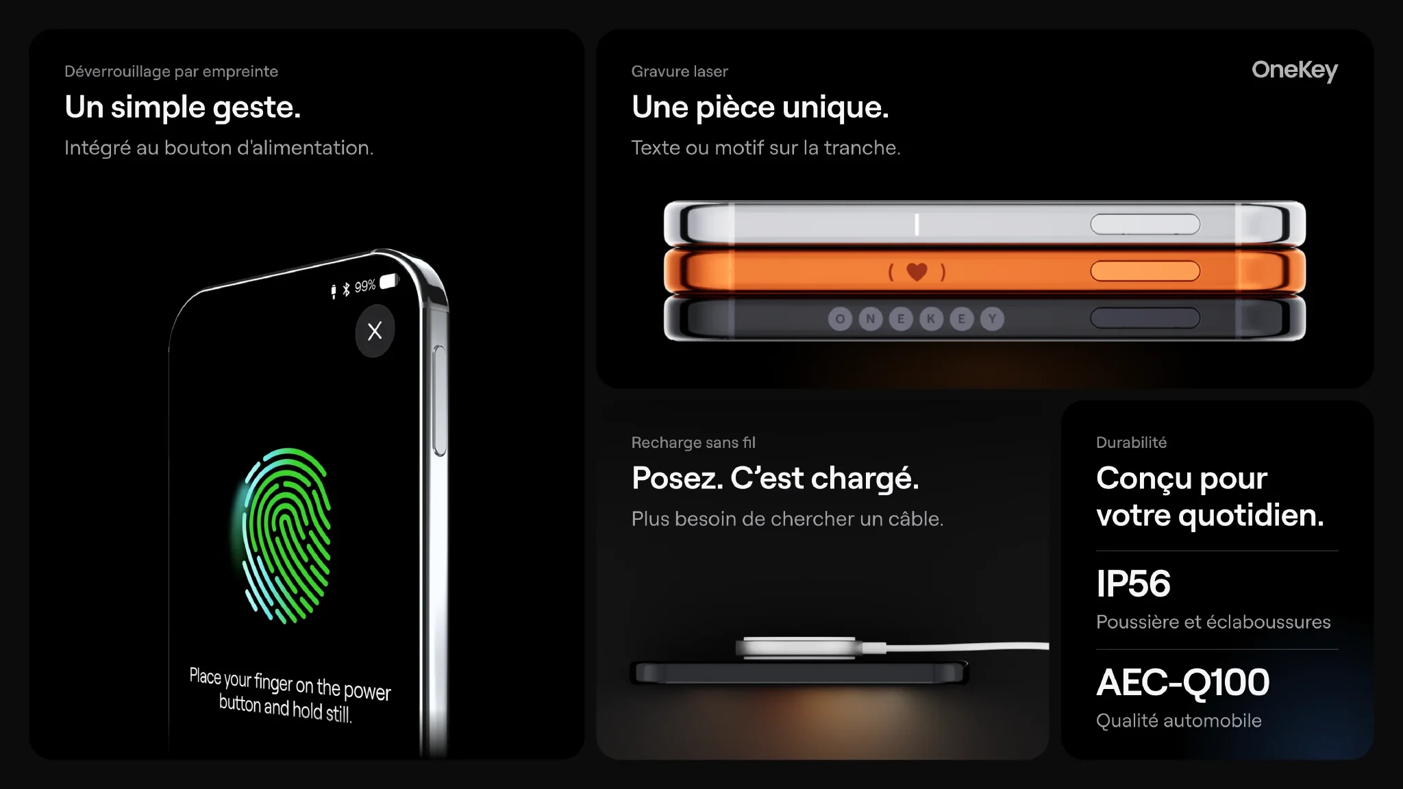 Déverrouillage par empreinte digitale, recharge sans fil, indice IP56 et gravure laser