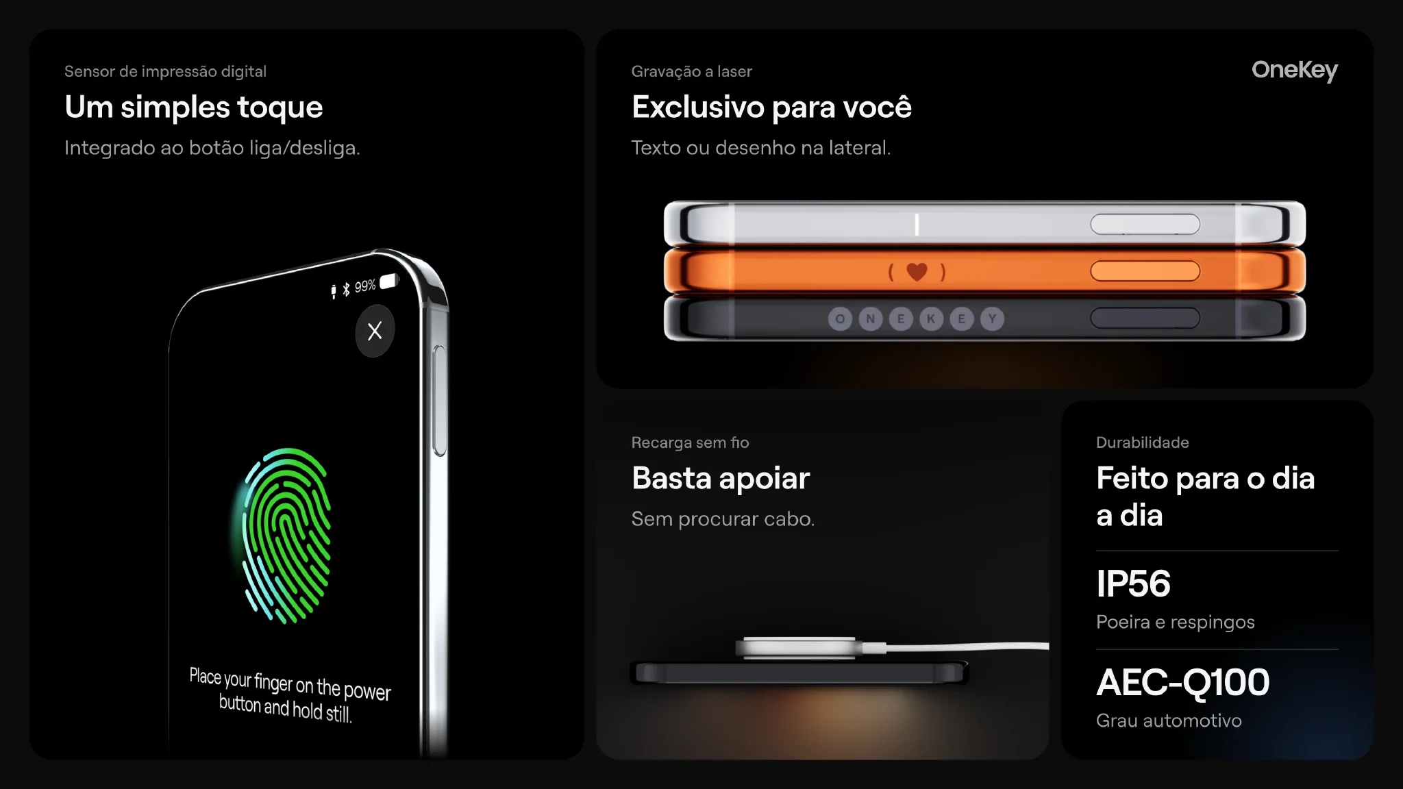 Desbloqueio por impressão digital, carregamento sem fio, IP56 e gravação a laser