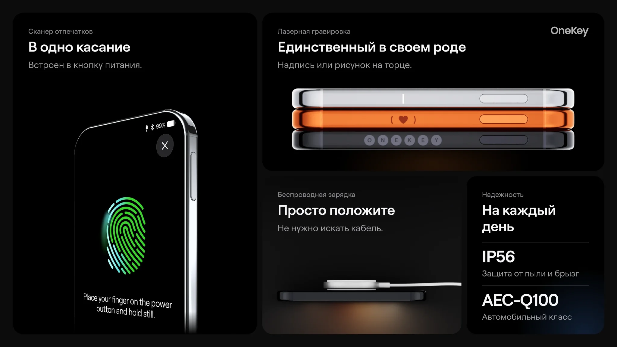 Сканер отпечатков пальцев, беспроводная зарядка, защита IP56 и лазерная гравировка