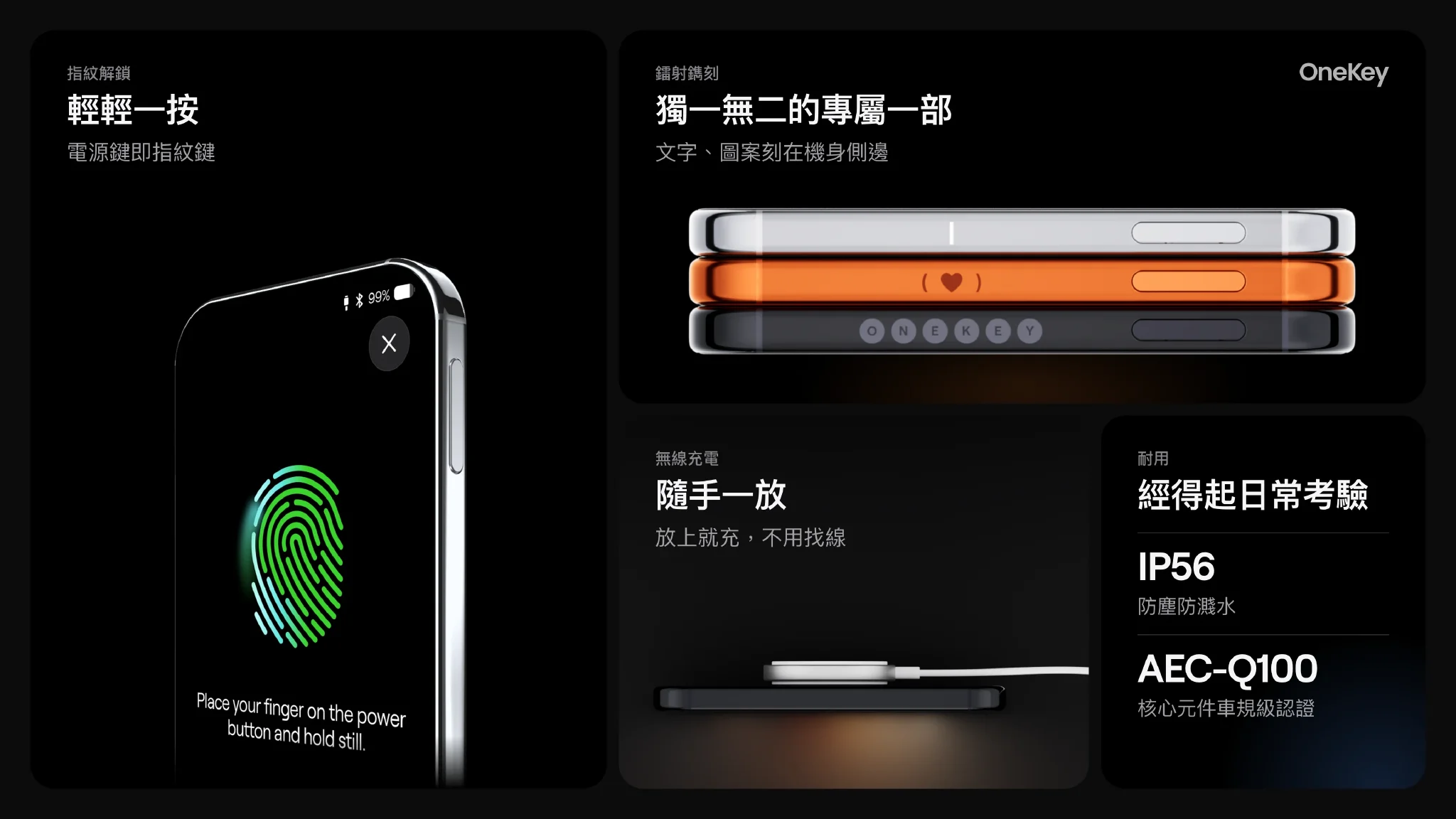 指紋解鎖、無線充電、IP56 與鐳射鐫刻