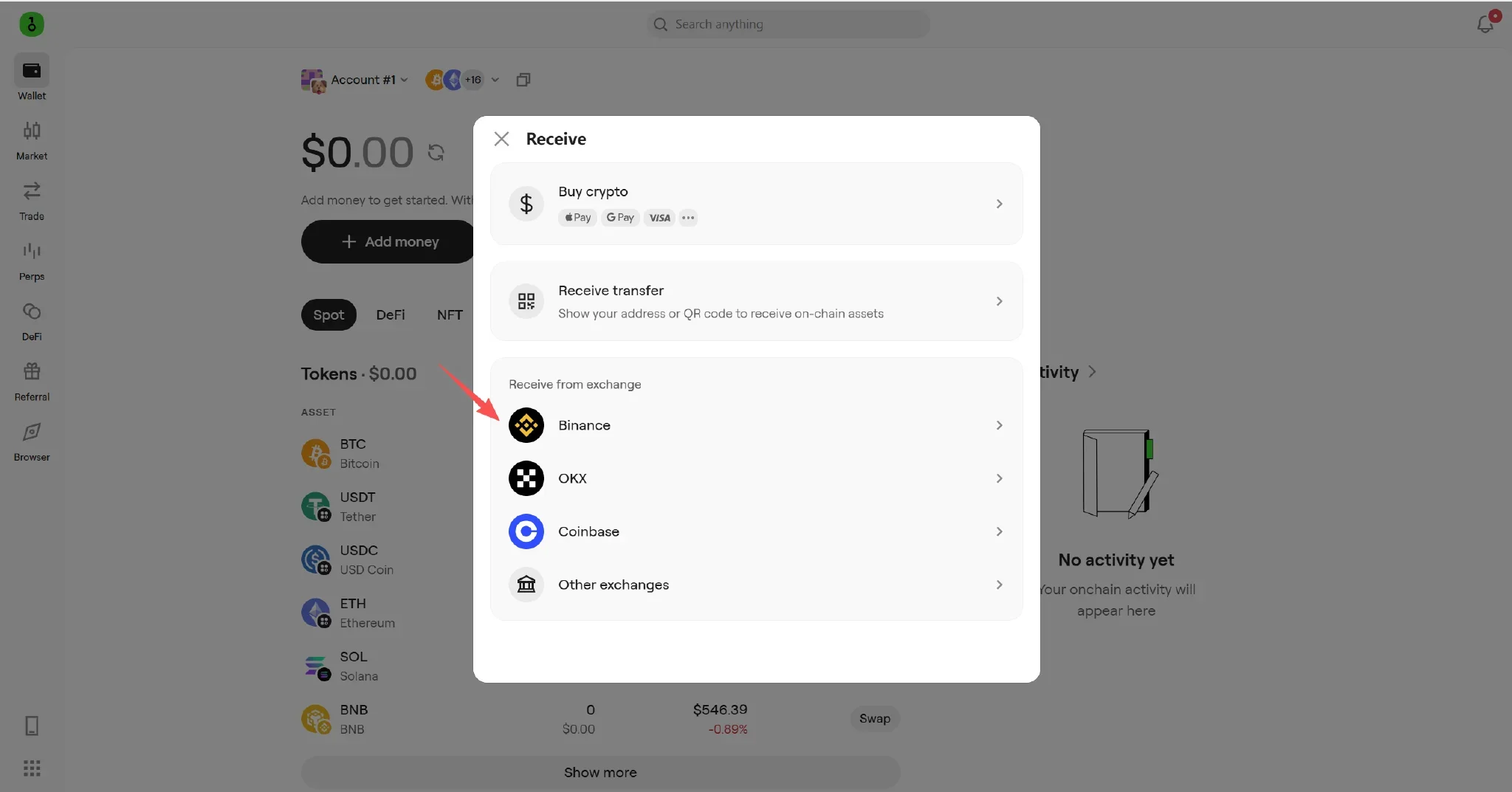 OneKey’s Receive from Exchange page includes Coinbase