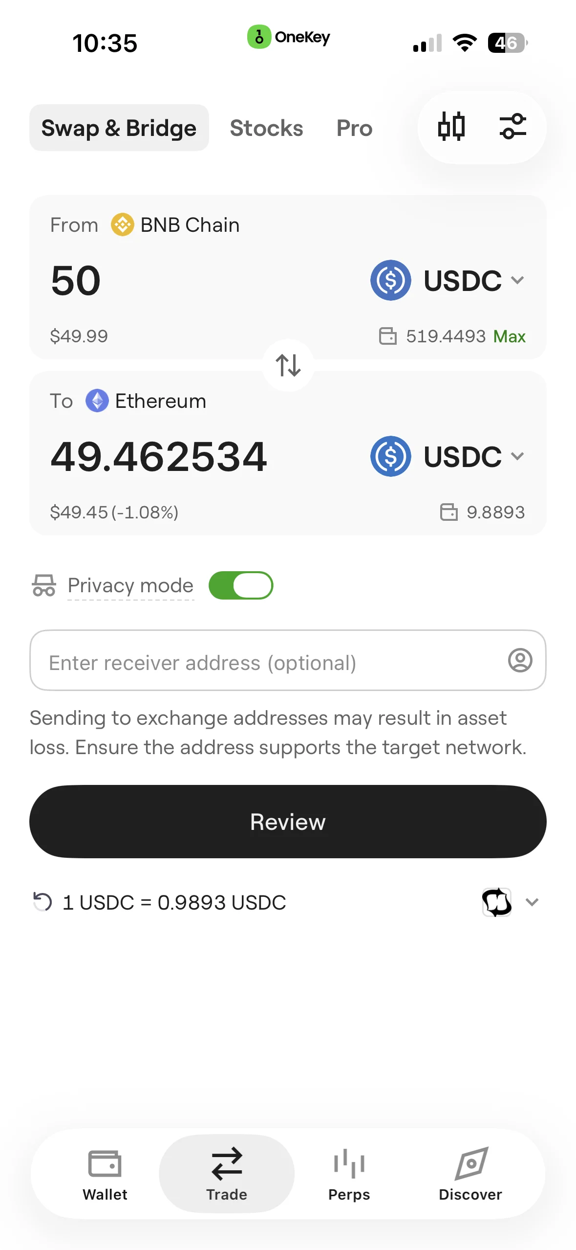 Privacy Mode für Stablecoin-Swaps