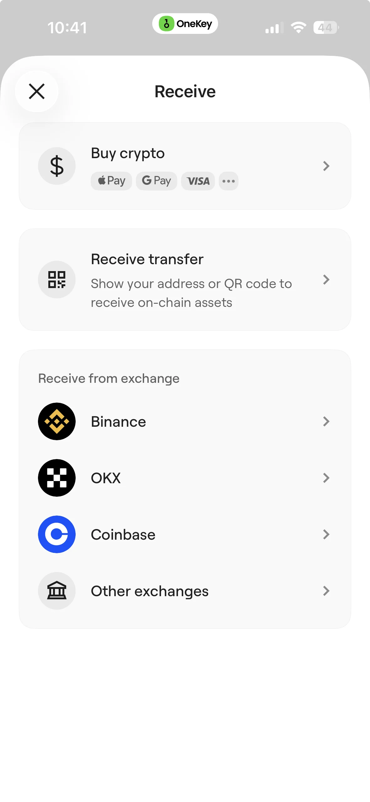 OneKey receive address options