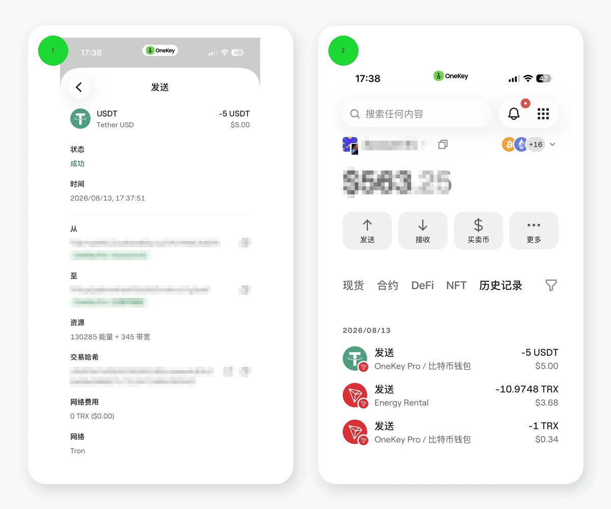OneKey App 的 5 USDT 成功交易详情与能量租赁扣费