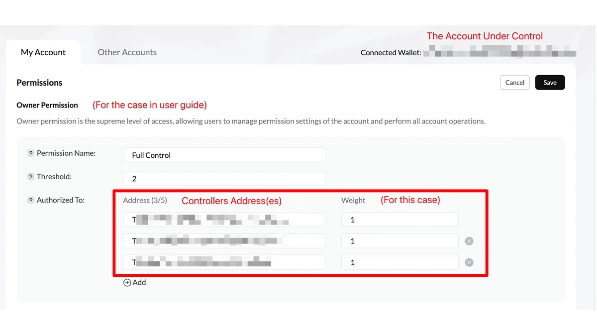 TRONSCAN Owner permission showing threshold 2 and three controller addresses with weight 1