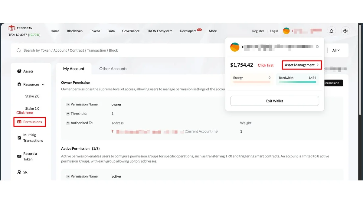TRONSCAN official interface showing the Asset Management and Permissions entries