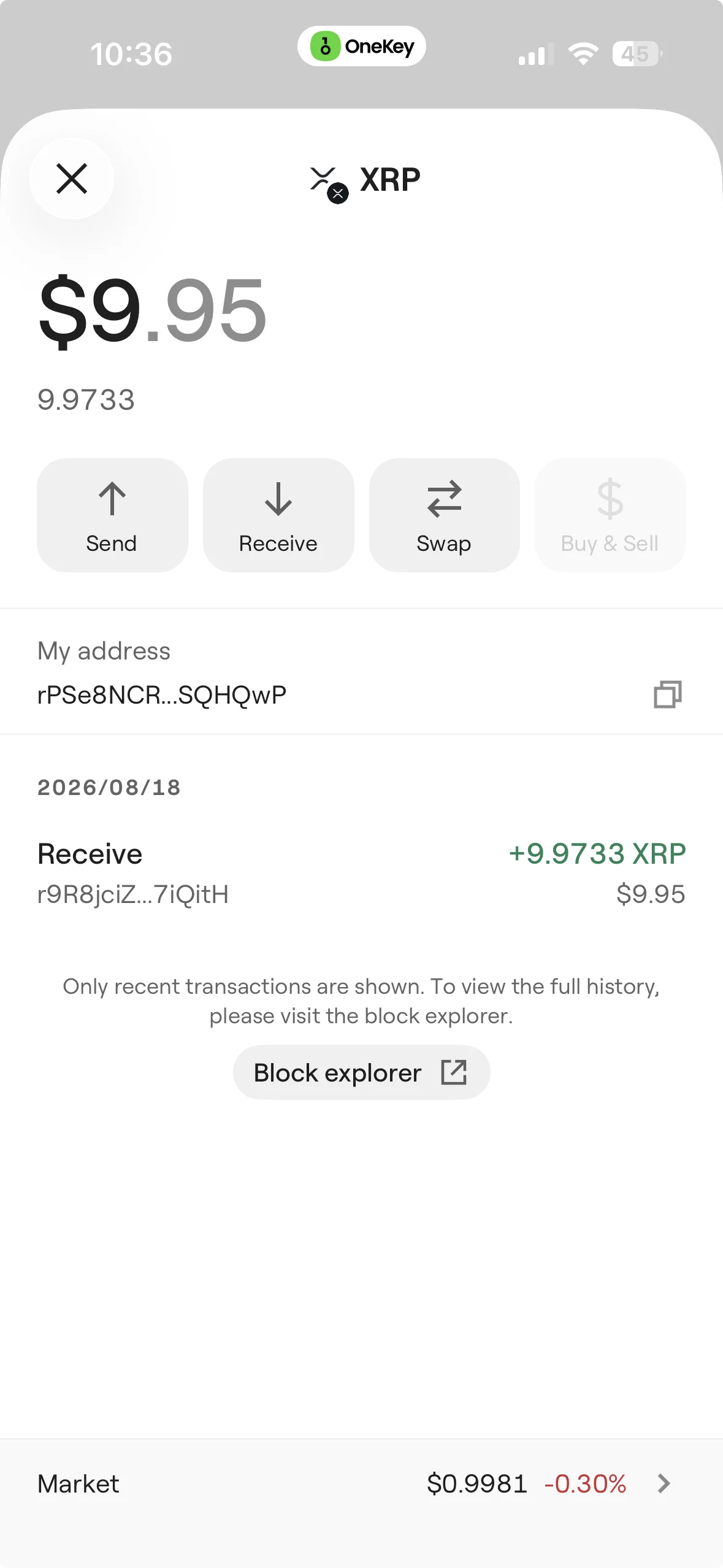 OneKey의 XRP 자산 잔액